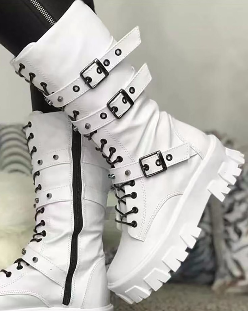 Bottines plateforme femme à boucles décoratives avec fermeture éclair latérale