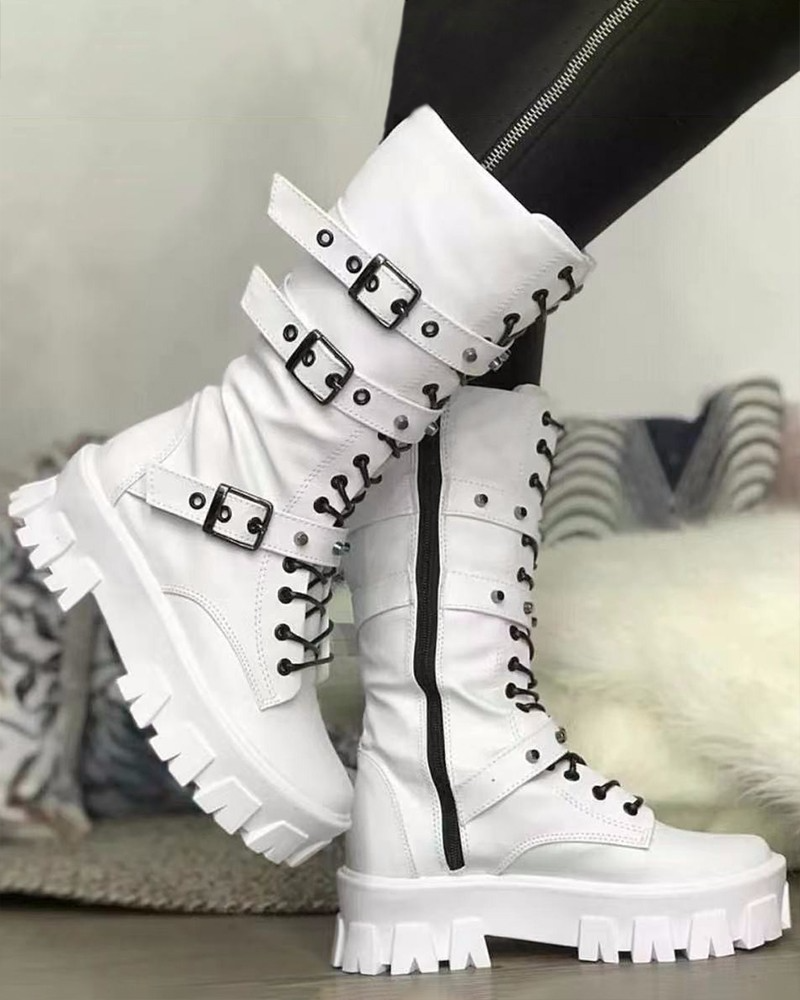 Bottines plateforme femme à boucles décoratives avec fermeture éclair latérale