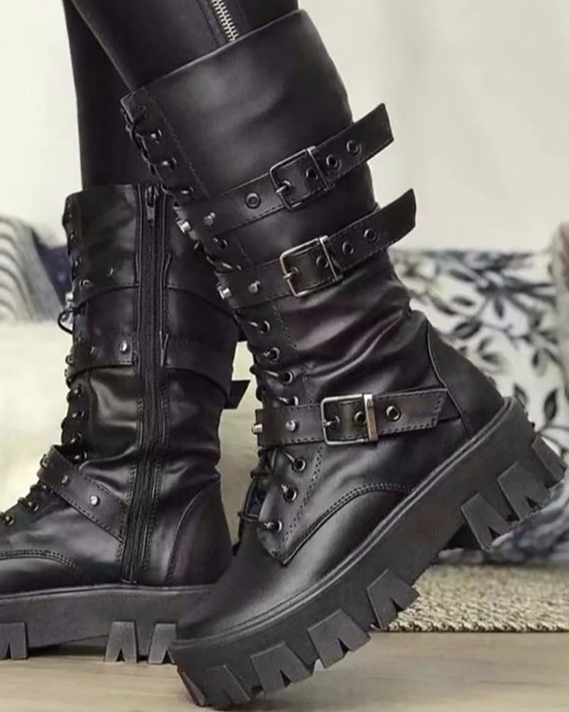 Bottines plateforme femme à boucles décoratives avec fermeture éclair latérale
