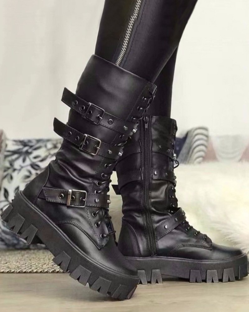 Bottines plateforme femme à boucles décoratives avec fermeture éclair latérale