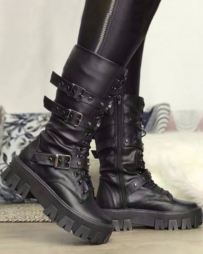 Bottines plateforme femme à boucles décoratives avec fermeture éclair latérale