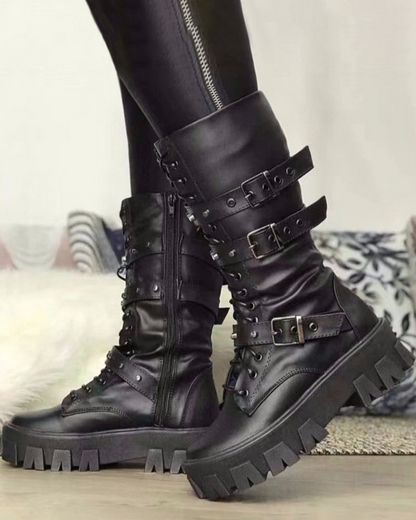 Bottines plateforme femme à boucles décoratives avec fermeture éclair latérale