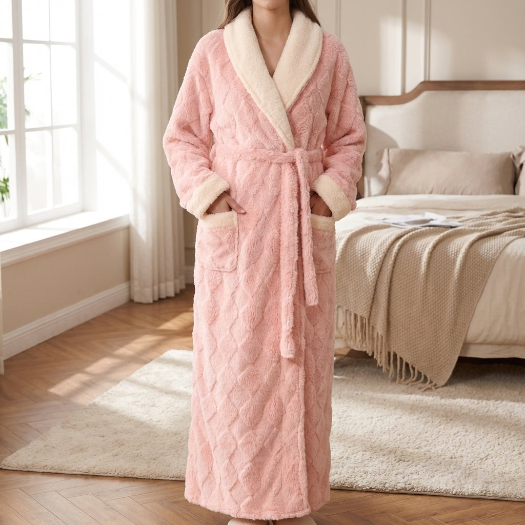 Robe de chambre femme flanelle longue col châle crème avec ceinture et poches