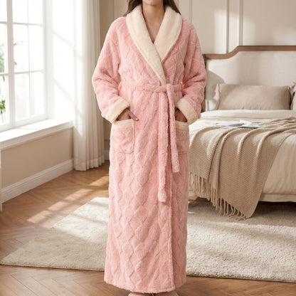 Robe de chambre femme flanelle longue col châle crème avec ceinture et poches