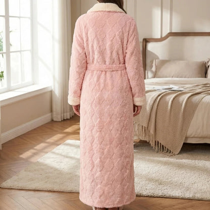 Robe de chambre femme flanelle longue col châle crème avec ceinture et poches