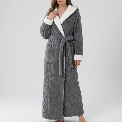 Robe de chambre femme flanelle longue col châle crème avec ceinture et poches