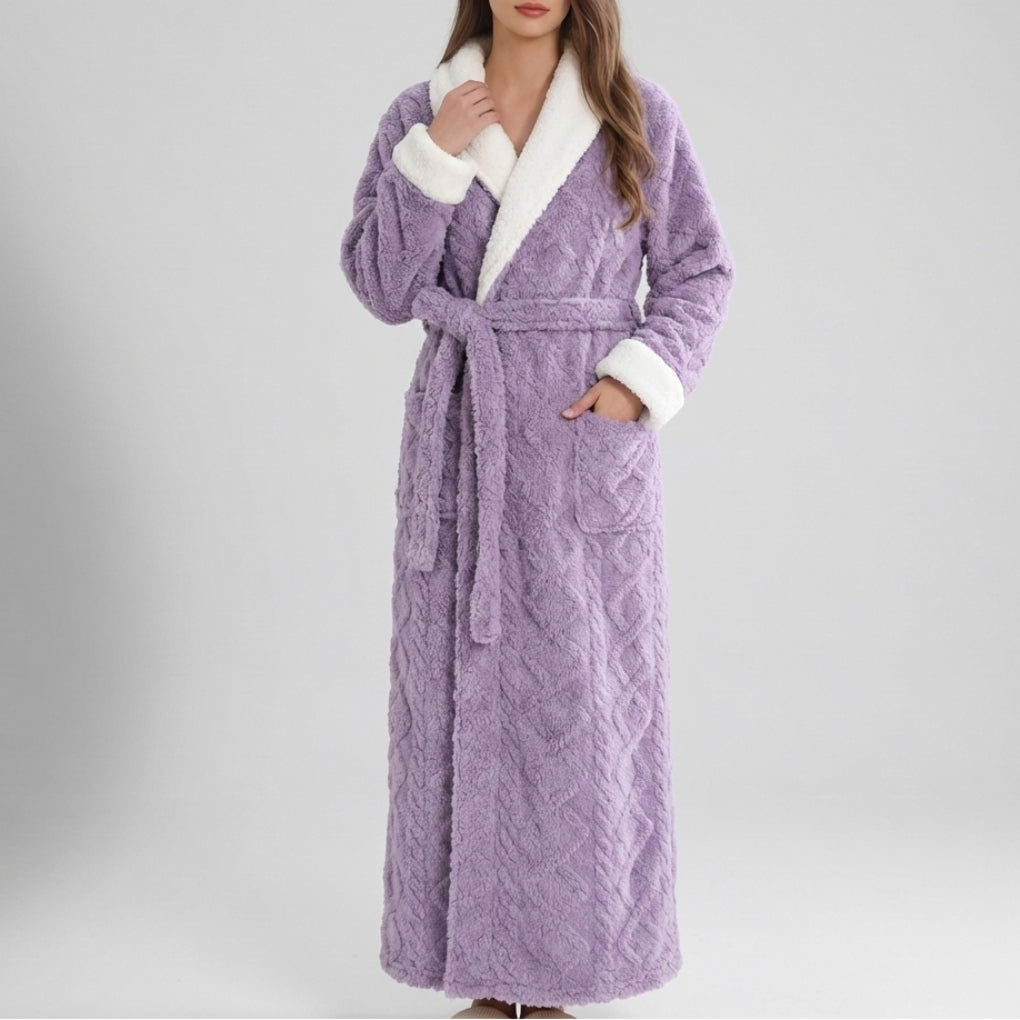 Robe de chambre femme flanelle longue col châle crème avec ceinture et poches
