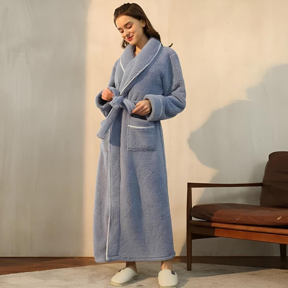 Robe de chambre femme polaire longue col châle avec ceinture et poches