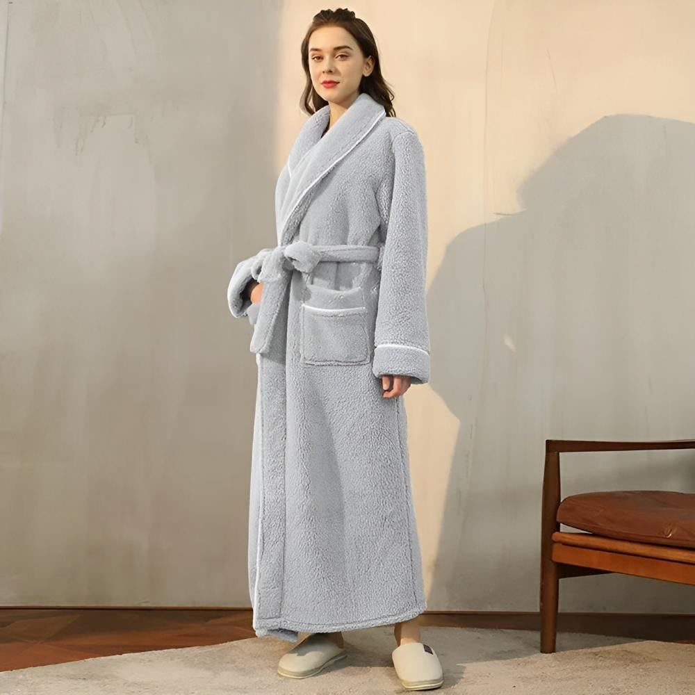 Robe de chambre femme polaire longue col châle avec ceinture et poches
