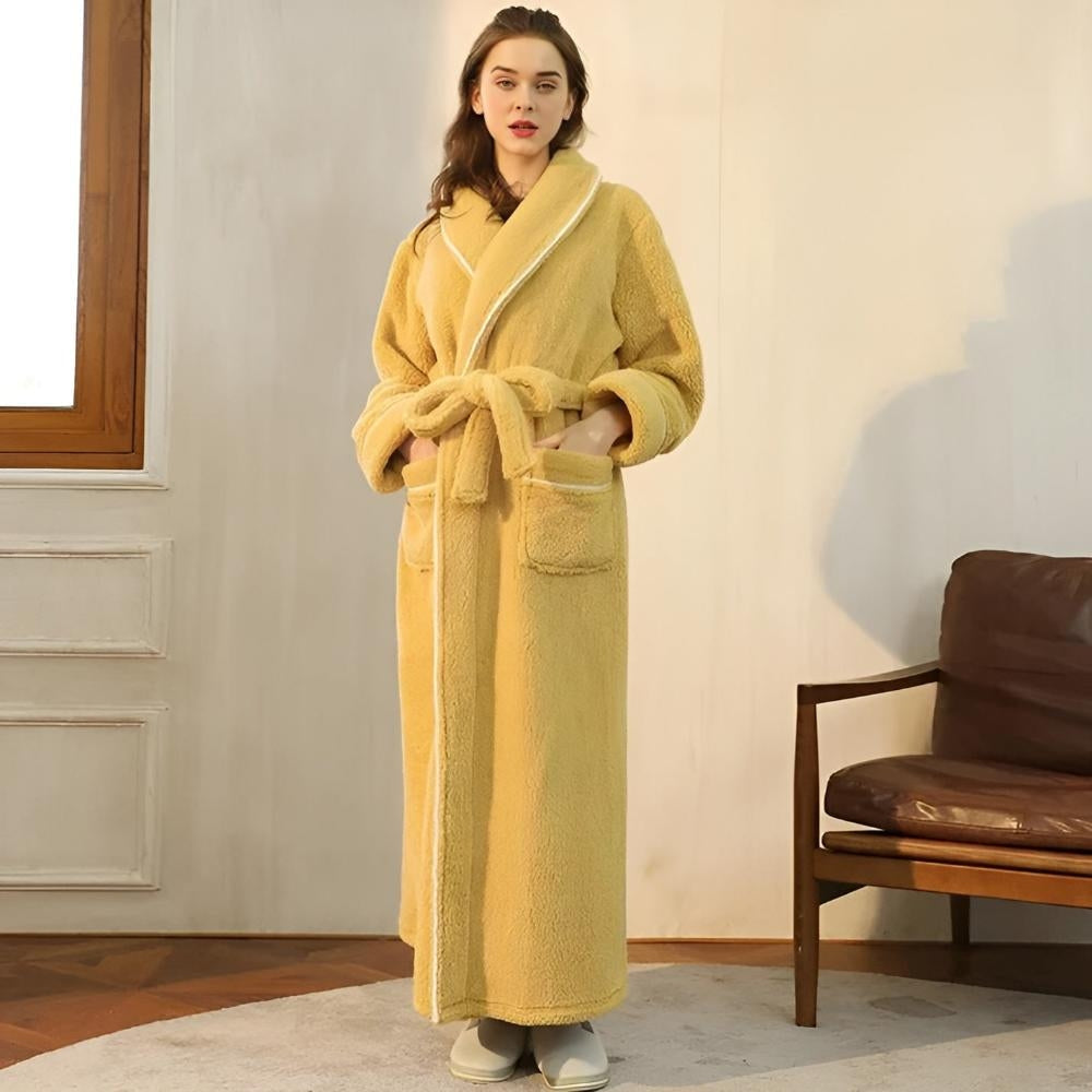 Robe de chambre femme polaire longue col châle avec ceinture et poches