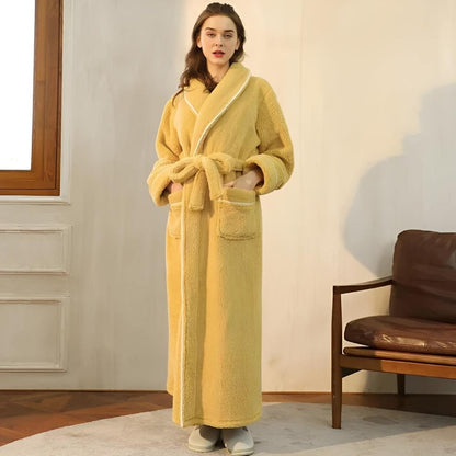Robe de chambre femme polaire longue col châle avec ceinture et poches