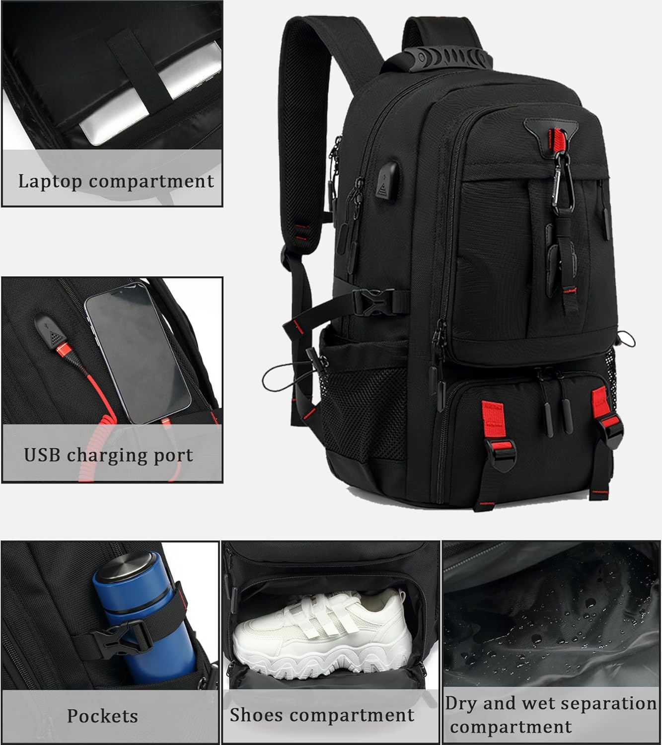 Sac à dos de voyage 60–80L | Imperméable, extensible | USB, compartiment à chaussures, pochette pour ordinateur portable
