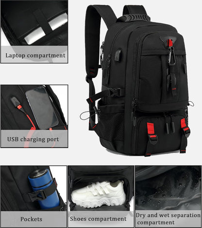 Sac à dos de voyage 60–80L | Imperméable, extensible | USB, compartiment à chaussures, pochette pour ordinateur portable