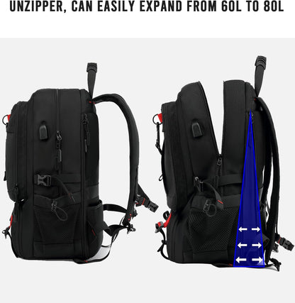 Sac à dos de voyage 60–80L | Imperméable, extensible | USB, compartiment à chaussures, pochette pour ordinateur portable