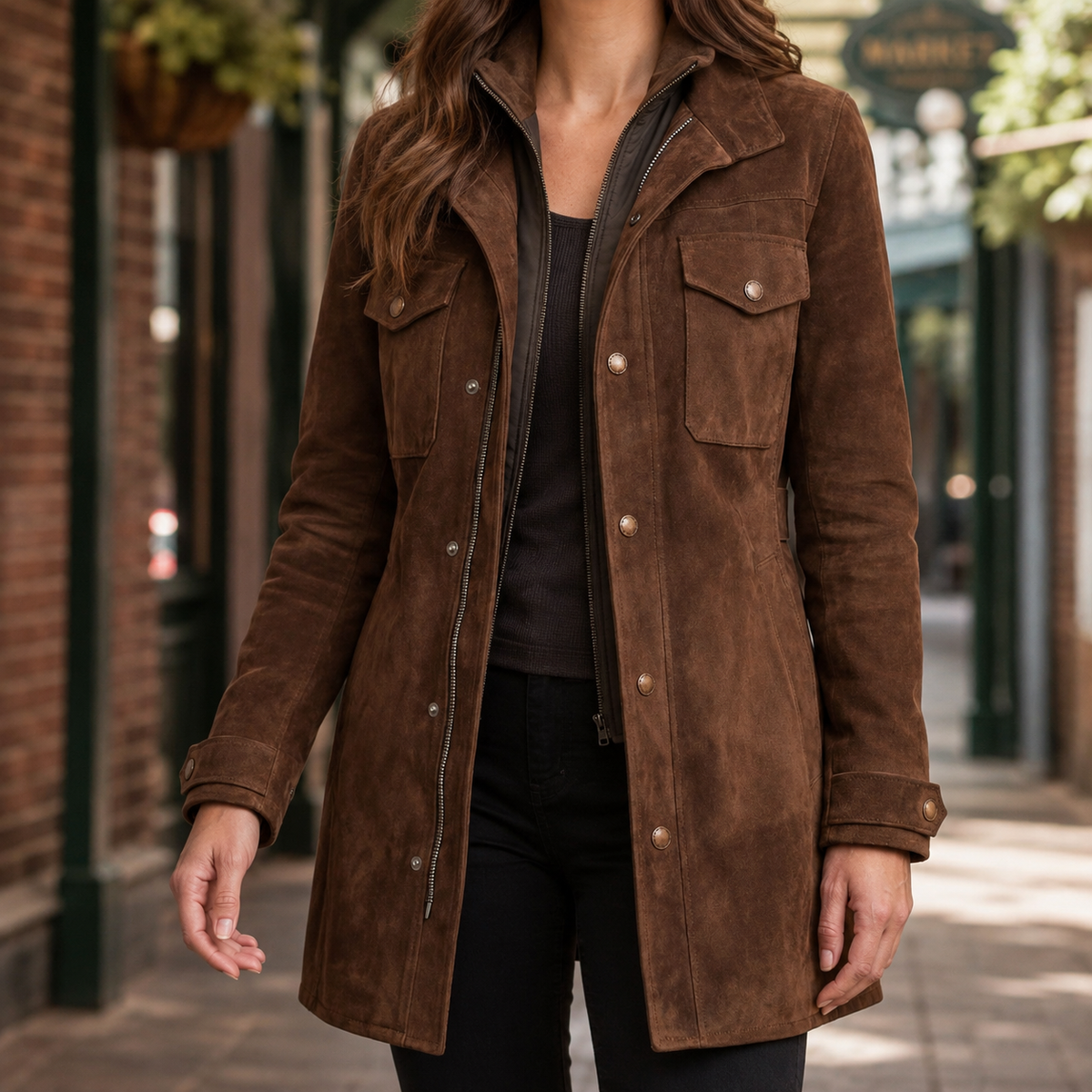 Veste longue femme aspect daim col rabattu coupe cintrée