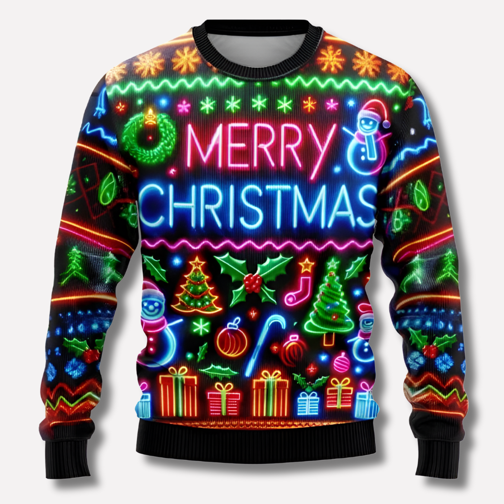 Pull de Noël unisexe néon avec motif renne et flocon manches longues