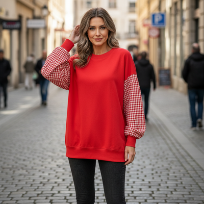Mira | Femme Haut Col Rond Patchwork Carreaux Loose