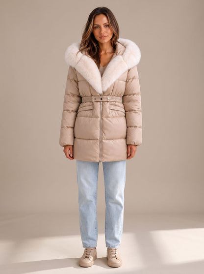 Doudoune longue femme capuche fourrure ceinture, matelassée avec taille ajustable