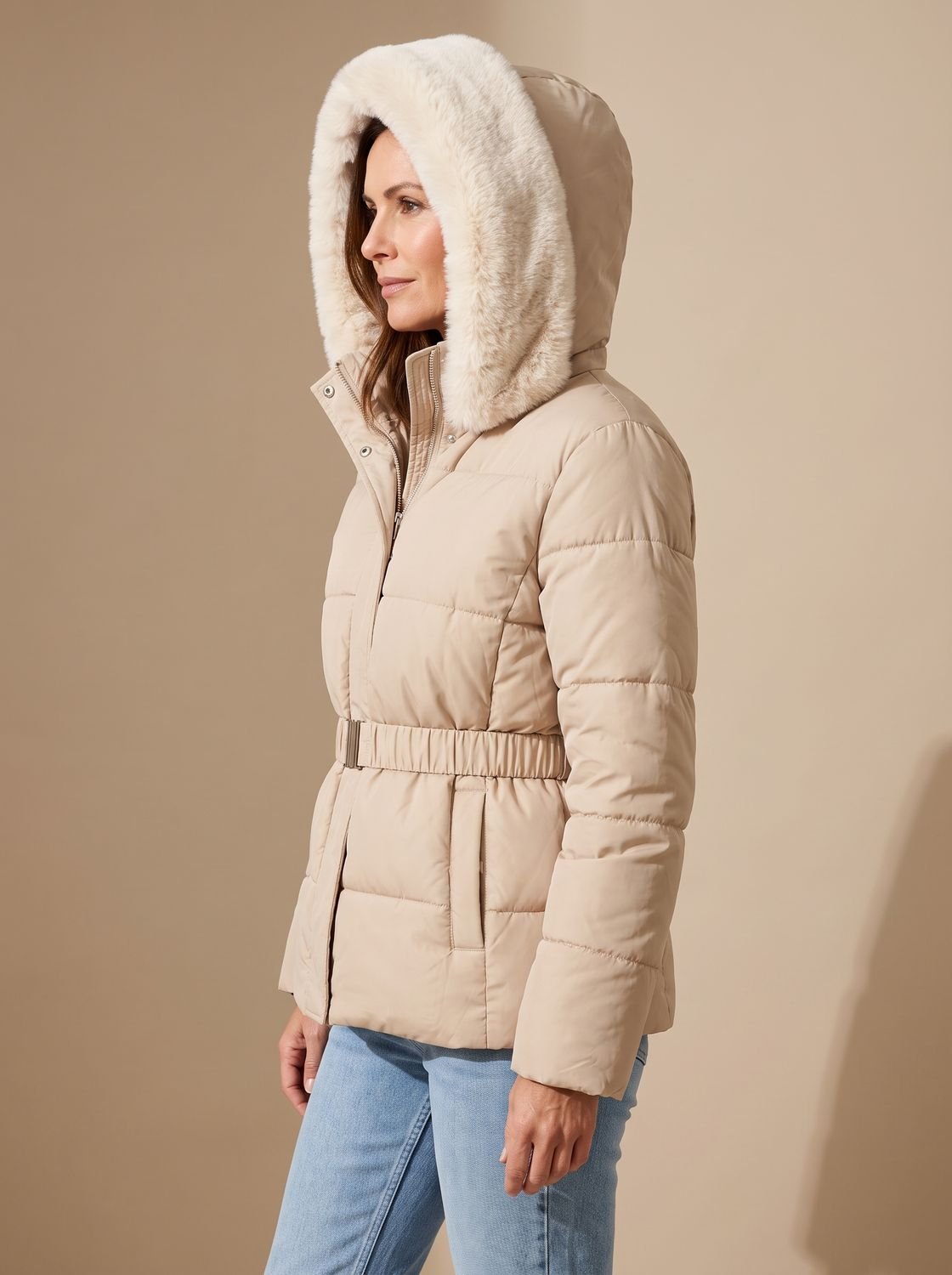 Doudoune longue femme capuche fourrure ceinture, matelassée avec taille ajustable