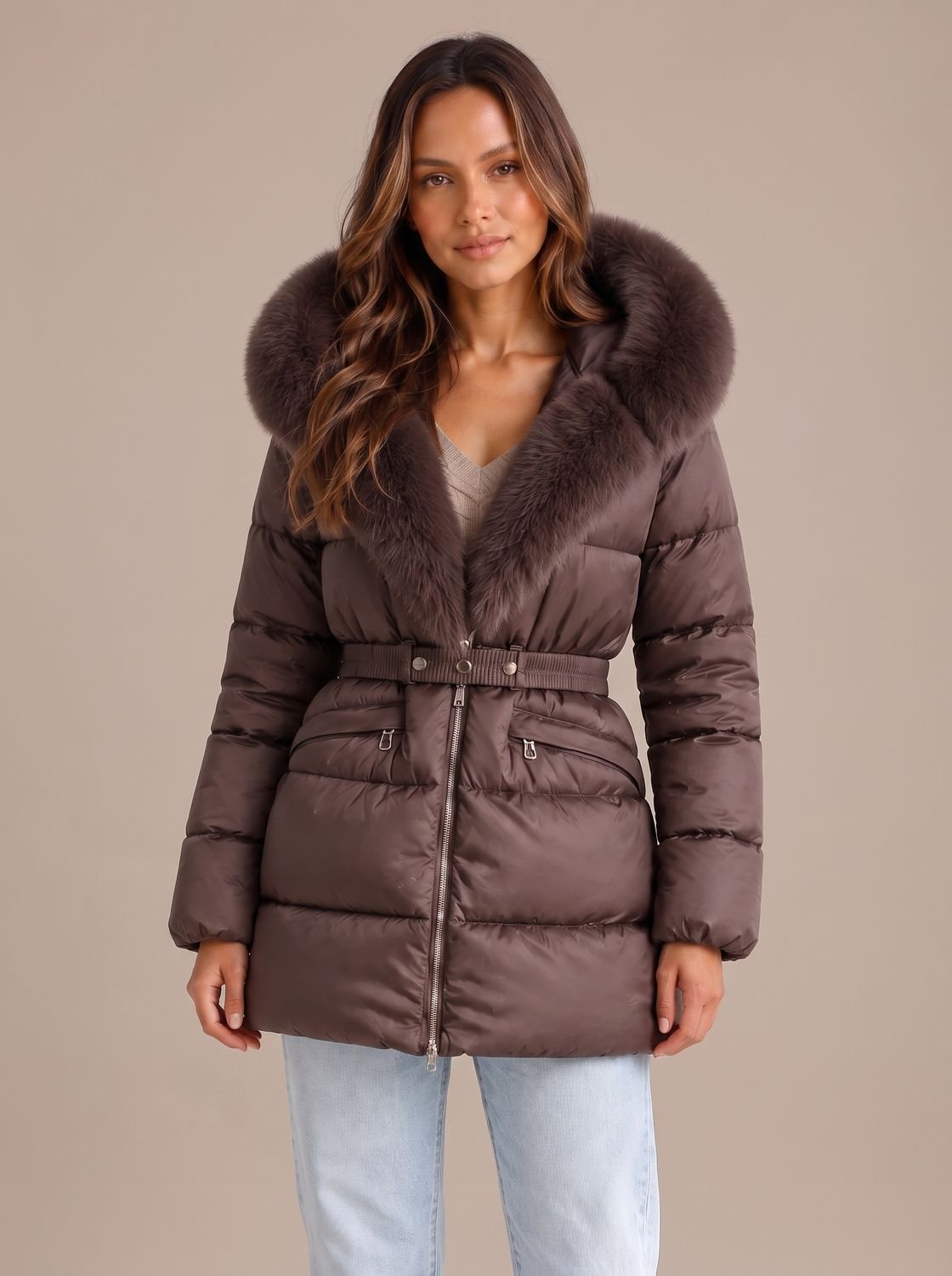 Doudoune longue femme capuche fourrure ceinture, matelassée avec taille ajustable