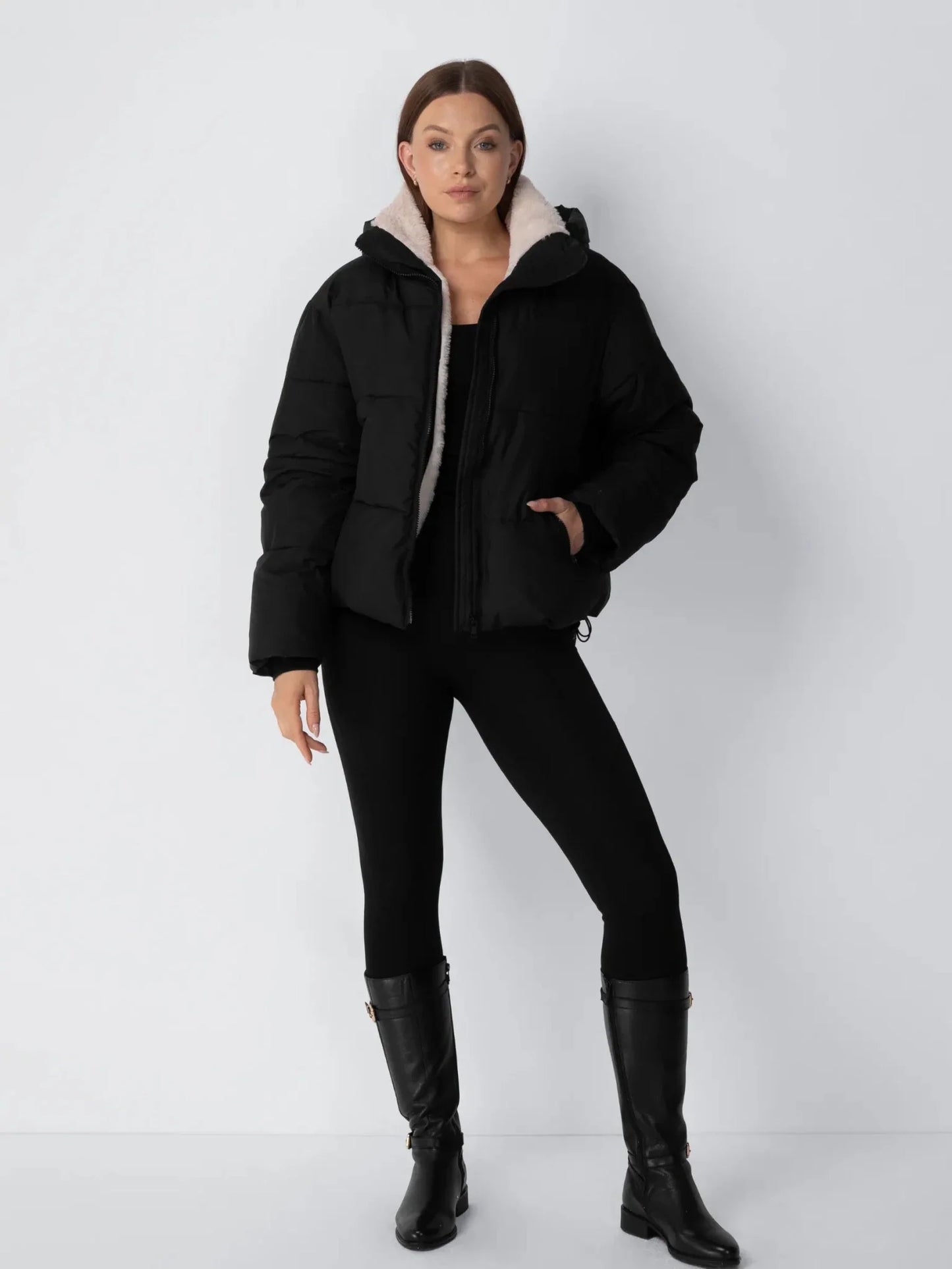 Veste Puffer Courte | Doublure Fourrure Synthétique, Capuche Amovible