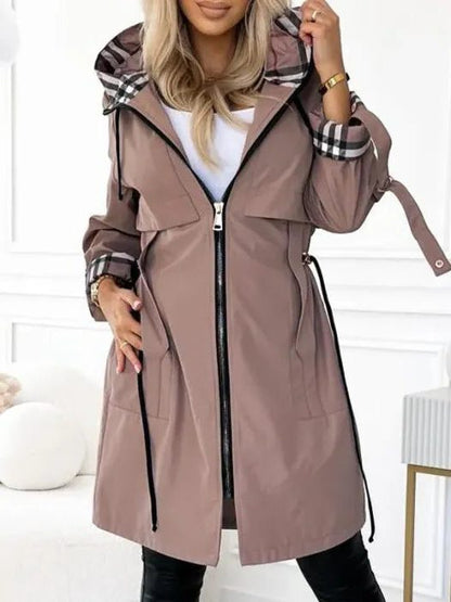 Imperméable femme long à capuche fermeture zippée coupe droite
