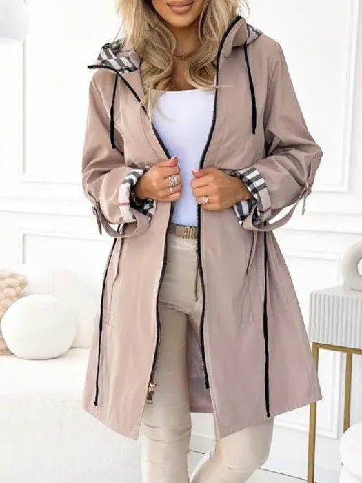 Imperméable femme long à capuche fermeture zippée coupe droite