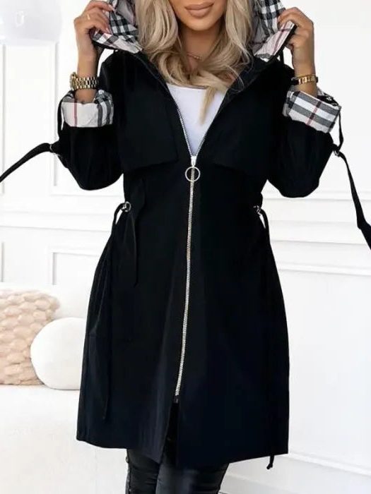Imperméable femme long à capuche fermeture zippée coupe droite