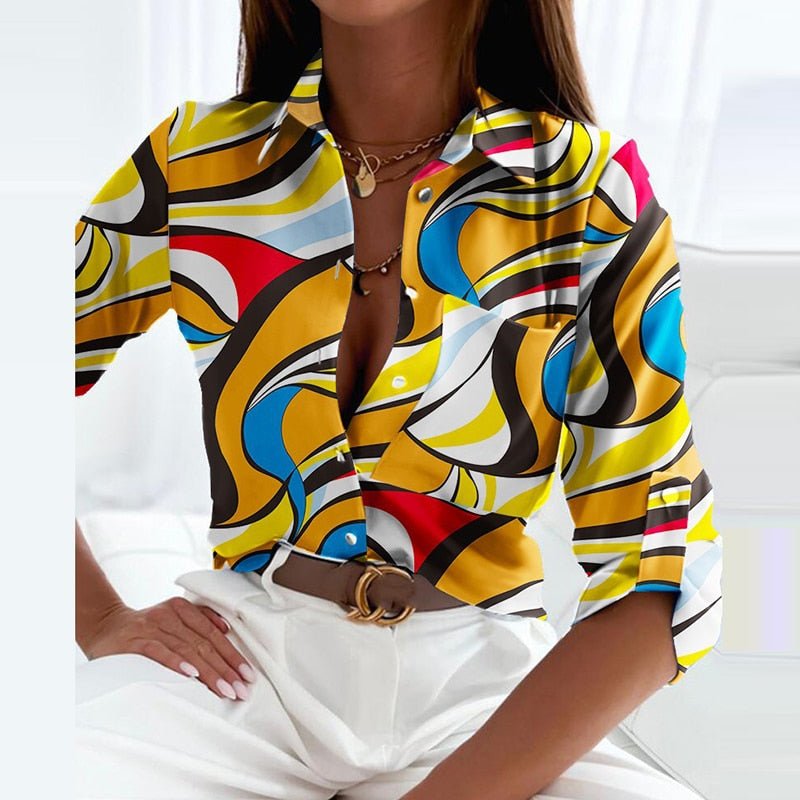 Chemise Femme | Motif Géométrique, Col Revers | Style Chic Décontracté