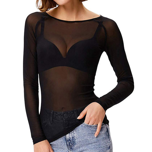 Top en maille pour femme | Transparent, manches longues | Sous-vêtement élégant