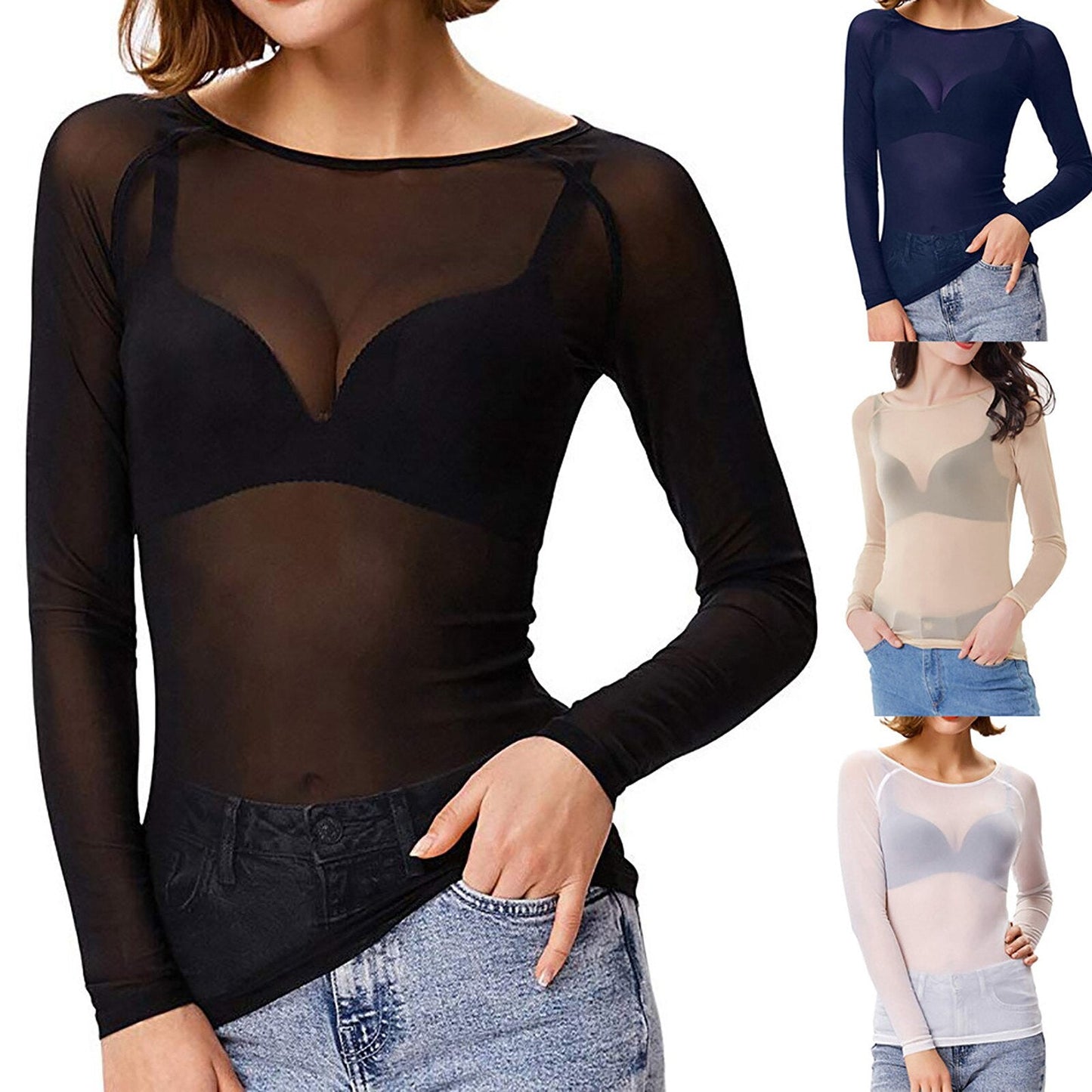 Top en maille pour femme | Transparent, manches longues | Sous-vêtement élégant