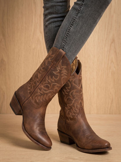 Boots cowboy femme mi-mollet talon bloc brodées bout pointu style western