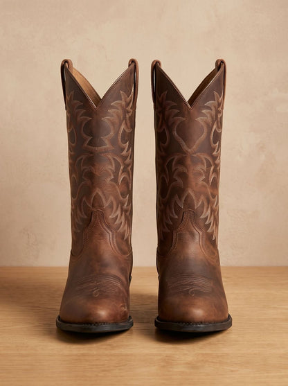 Boots cowboy femme mi-mollet talon bloc brodées bout pointu style western