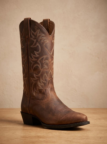 Boots cowboy femme mi-mollet talon bloc brodées bout pointu style western