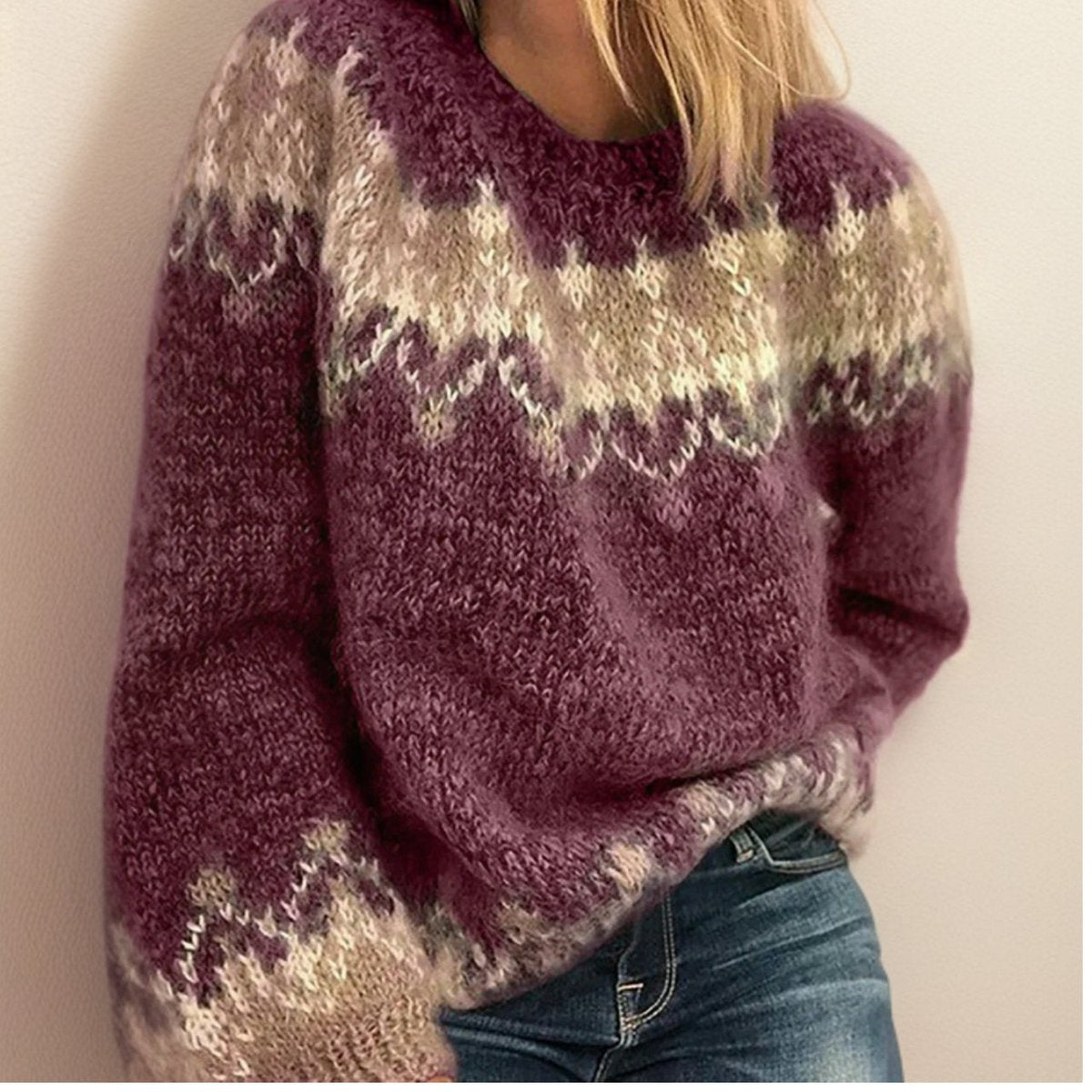 Chandail tricot femme | Motif jacquard islandais | Pull douillet nordique