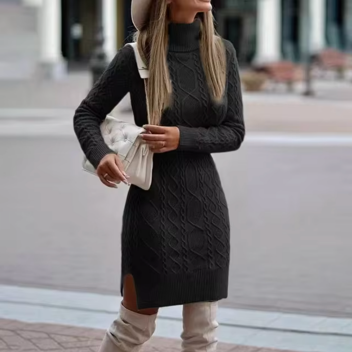 Robe pull femme col roulé maille torsadée midi manches longues