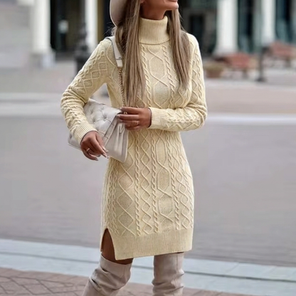 Robe pull femme col roulé maille torsadée midi manches longues