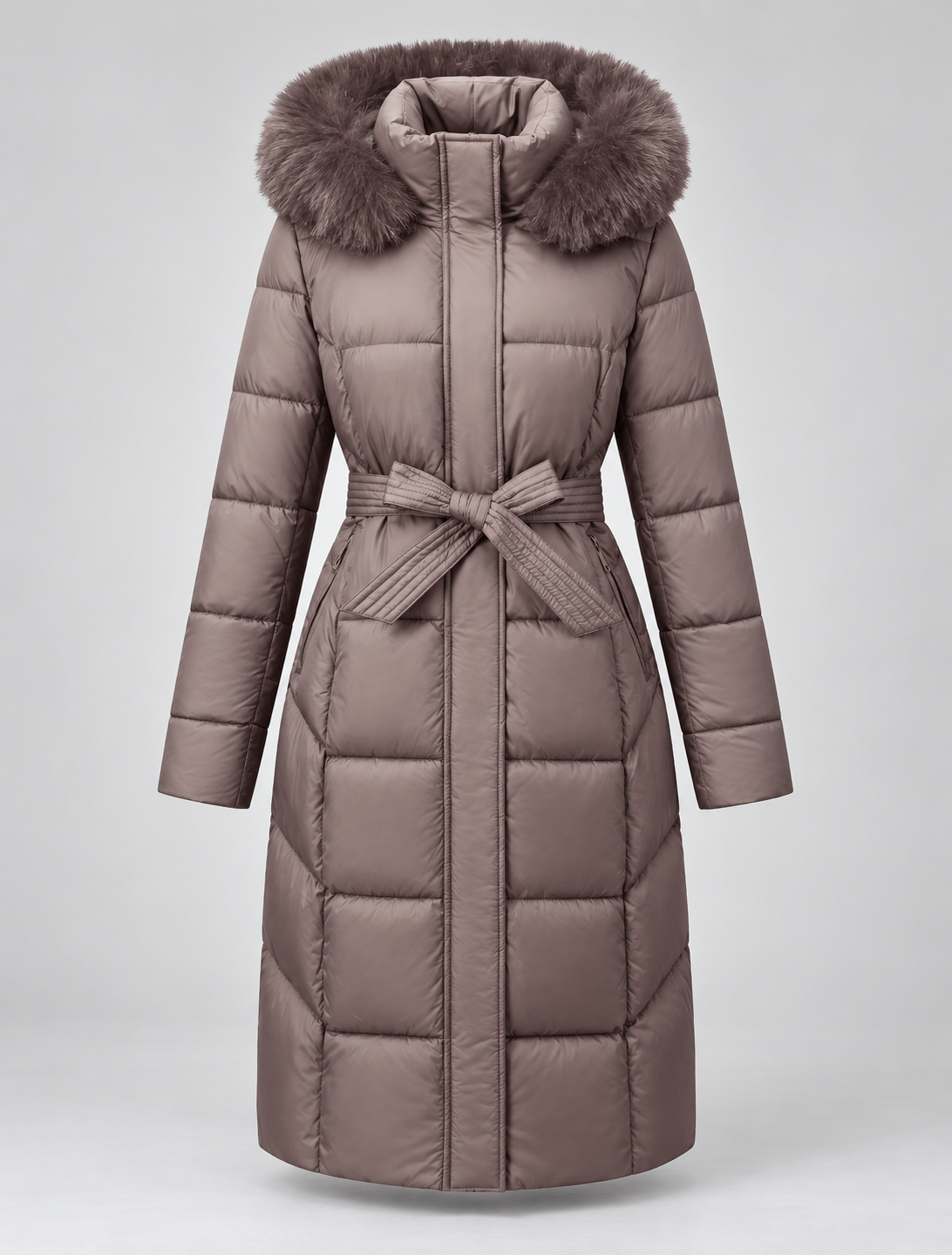 Doudoune longue femme capuche fourrure ceinture avec bordure effet fourrure et matelassage