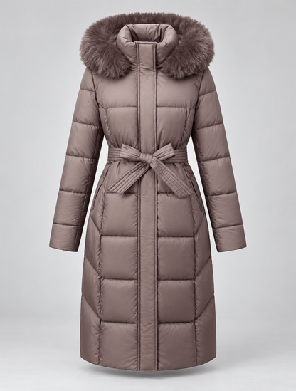 Doudoune longue femme capuche fourrure ceinture avec bordure effet fourrure et matelassage