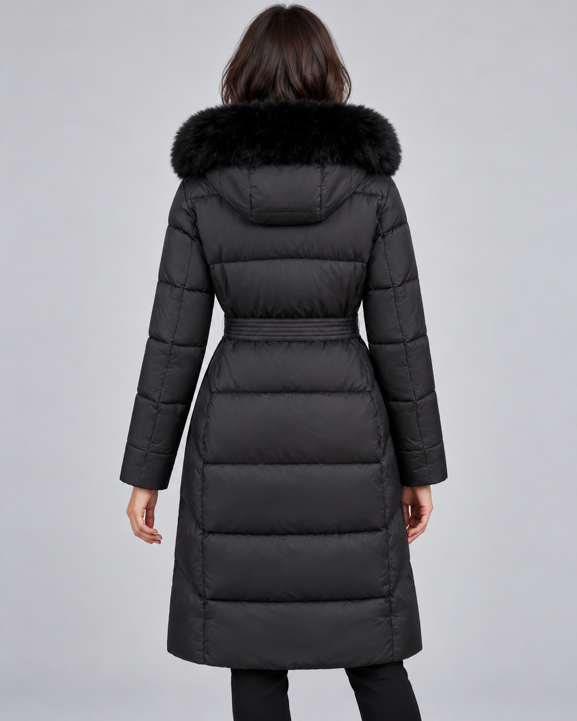 Doudoune longue femme capuche fourrure ceinture avec bordure effet fourrure et matelassage