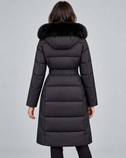 Doudoune longue femme capuche fourrure ceinture avec bordure effet fourrure et matelassage