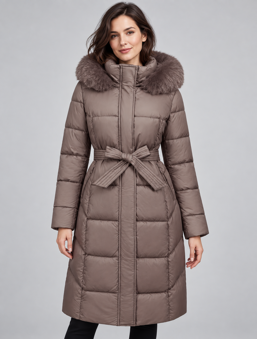 Doudoune longue femme capuche fourrure ceinture avec bordure effet fourrure et matelassage