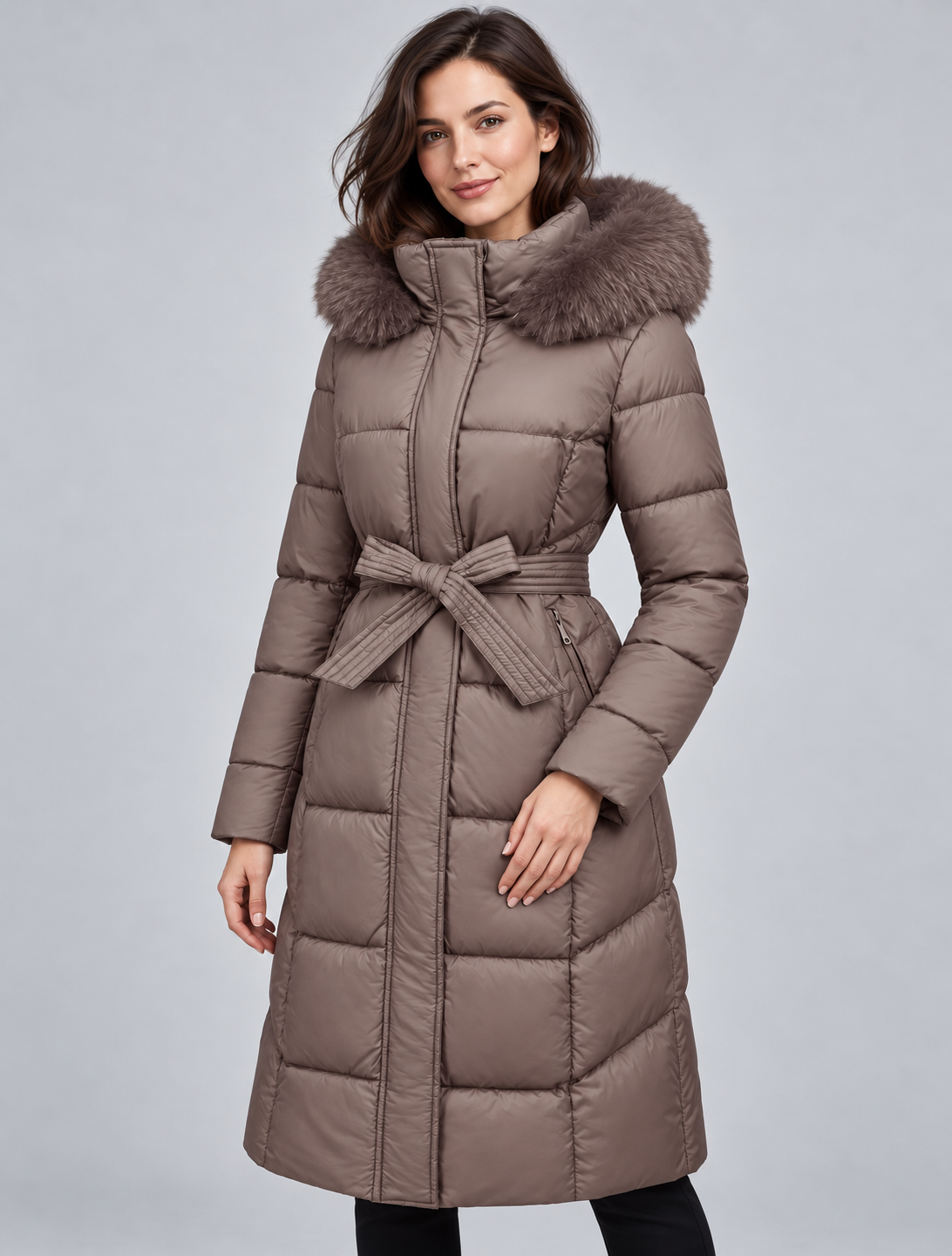Doudoune longue femme capuche fourrure ceinture avec bordure effet fourrure et matelassage