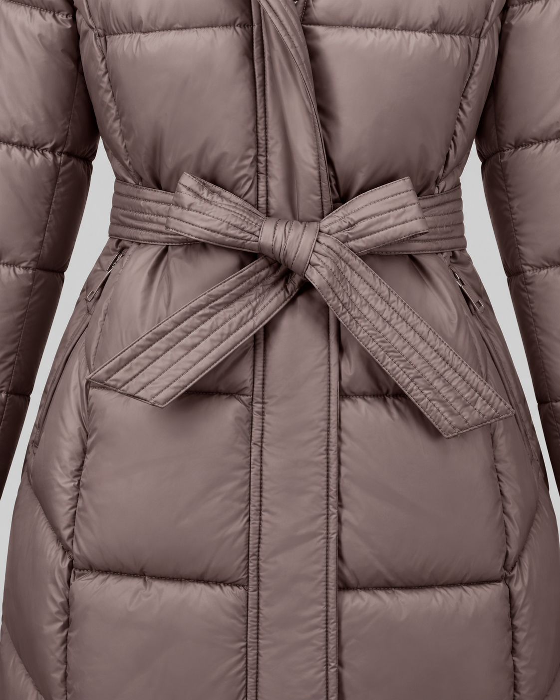 Doudoune longue femme capuche fourrure ceinture avec bordure effet fourrure et matelassage