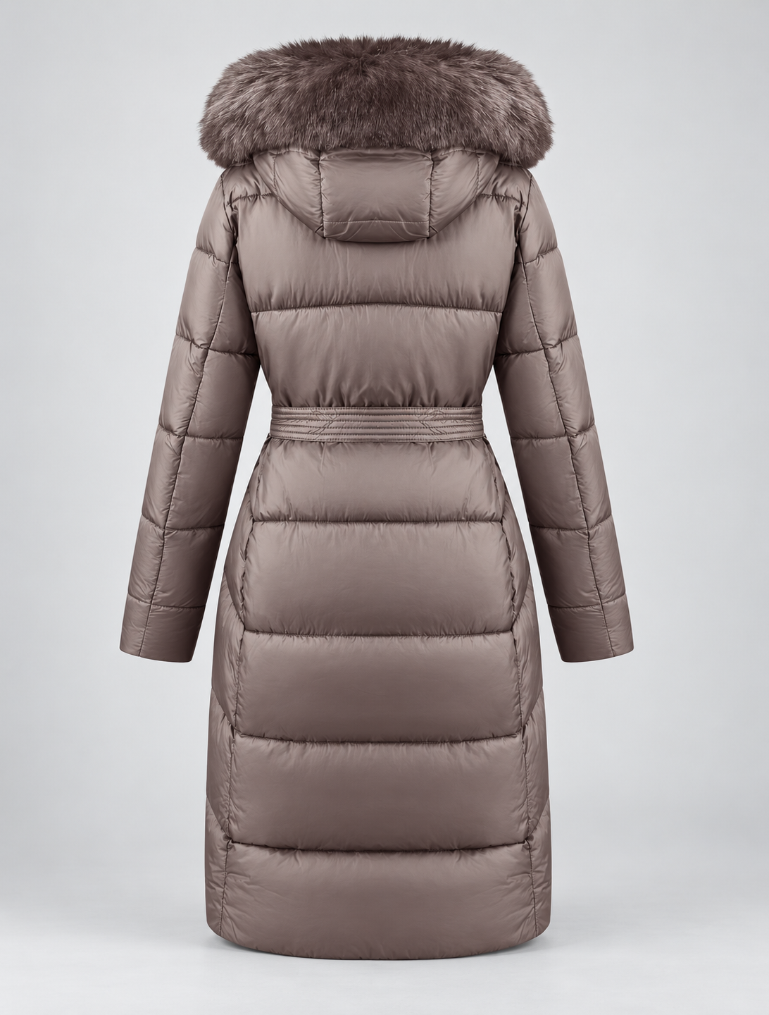 Doudoune longue femme capuche fourrure ceinture avec bordure effet fourrure et matelassage