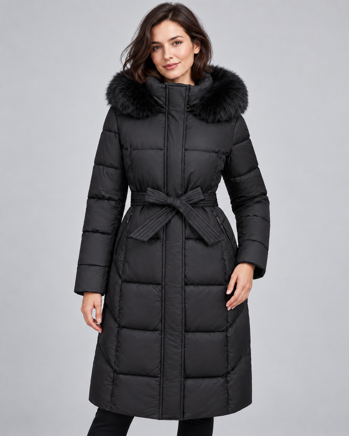 Doudoune longue femme capuche fourrure ceinture avec bordure effet fourrure et matelassage