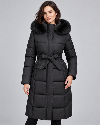 Doudoune longue femme capuche fourrure ceinture avec bordure effet fourrure et matelassage