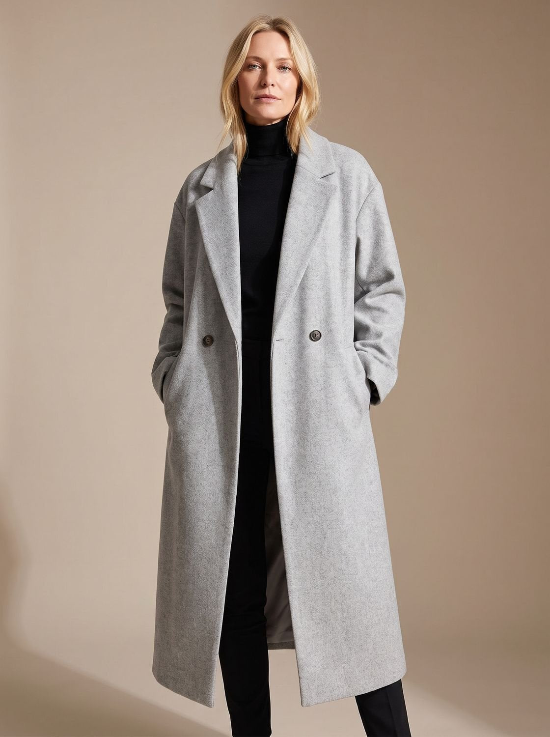 Manteau long croisé tailleur femme hiver col cranté mi-mollet