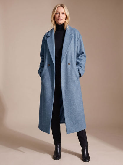 Manteau long croisé tailleur femme hiver col cranté mi-mollet