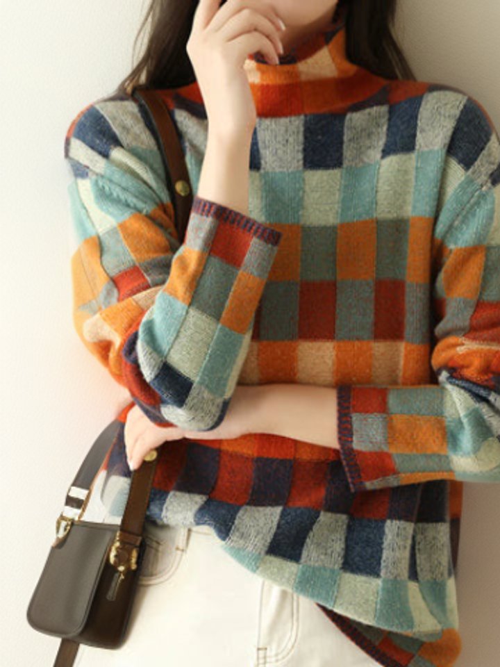 Pull col roulé à carreaux femme | Multicolore, tricot chaud